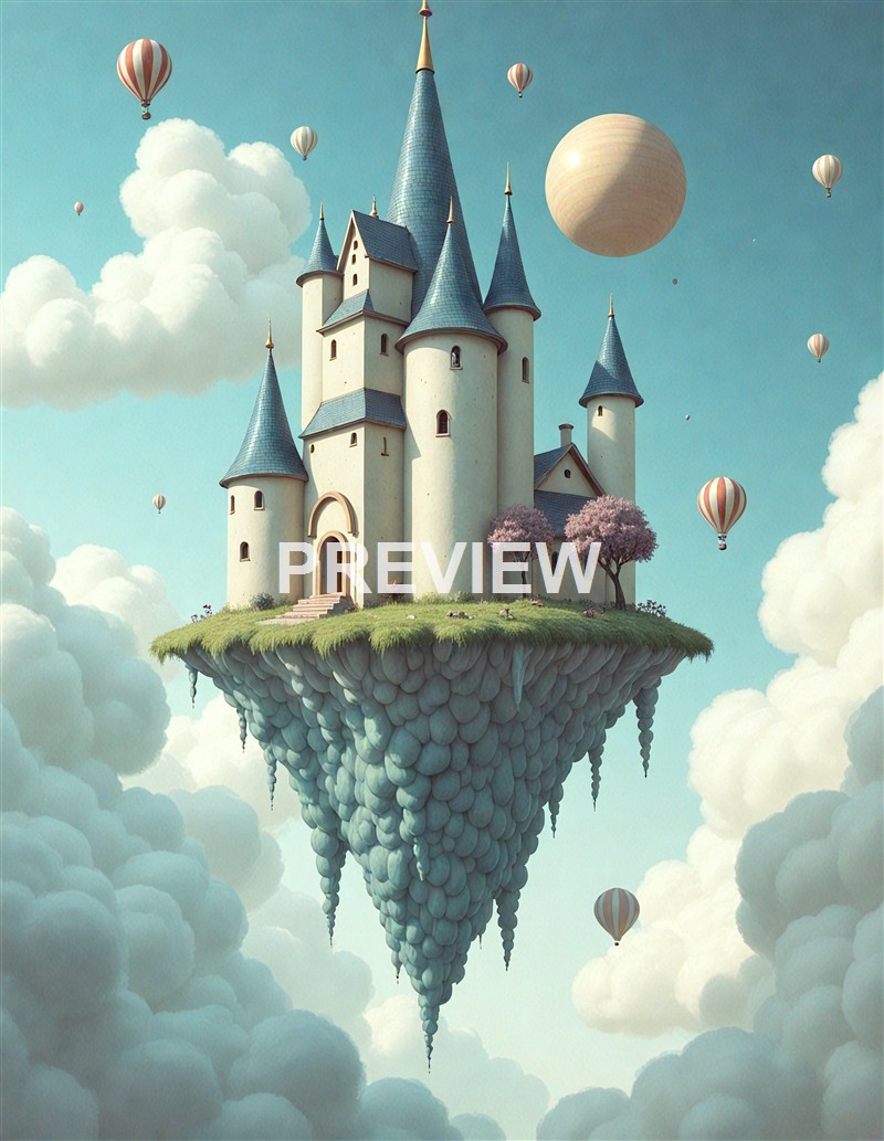 A whimsical castle with blue rooftops and multiple turrets floating on a grassy island in the sky, surrounded by clouds and hot air balloons.